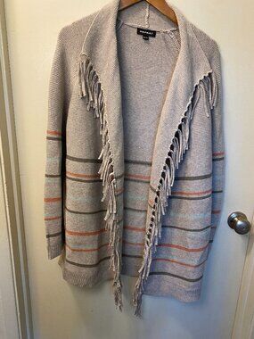 Repeat Fringe Tassel Cotton Knit Cardigan Sweater Neutral Stripe XS